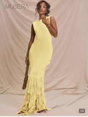 Musera Yellow Fringe Maxi Dress - Knit Sleeveless Evening Gown